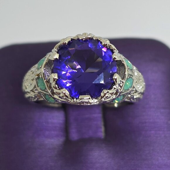 Faux Purple Amethyst Green Opal Filigree Silver Cocktail Ring Marked 925 SZ 7.25 - Picture 3 of 13